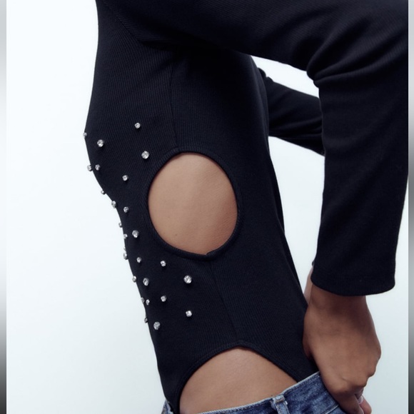 {Zara} Rhinestone Cut Out Ribbed Bodysuit • S - Picture 2 of 2
